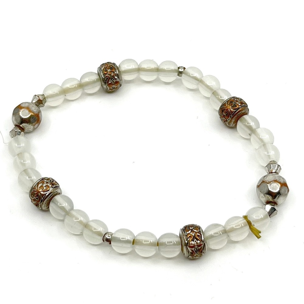 Vintage Boho Clear Quartz Glass Beaded Stretch Bracelet Mixed Metal Accents Y2K